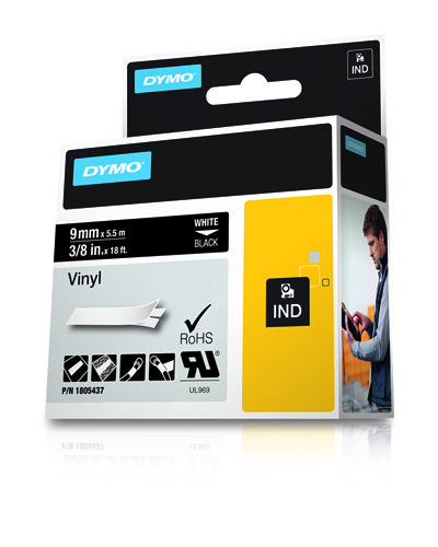 DYMO 1805437 Industrial Vinyl Labels White Text on Black Label 9mm